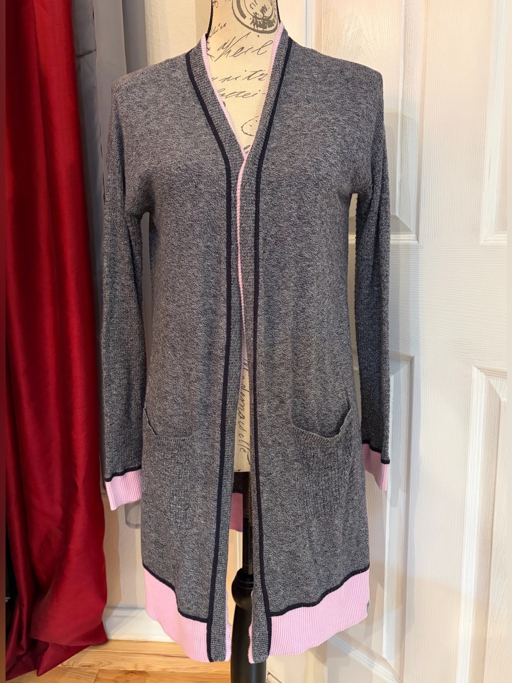 Talbots Long Open Front Cardigan in Heather Gray with Pink Trim